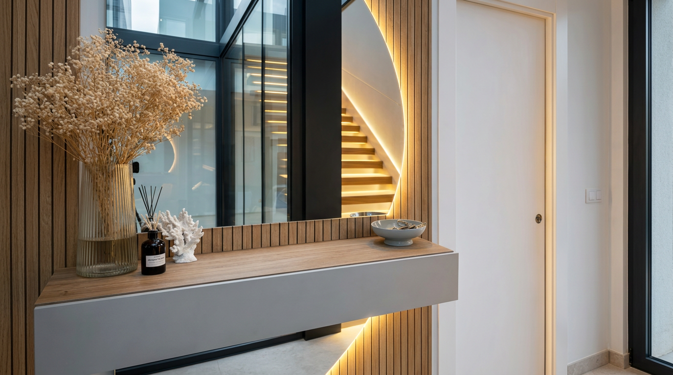 Modern entryway with oak joinery, mirror and warm integrated lighting